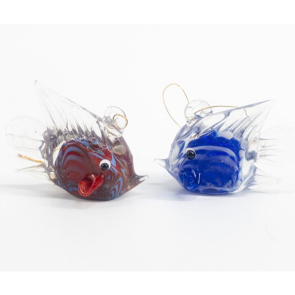 Glass Fish Ornaments Blue and White Swirl Red and Blue Swirl Small 2" X 1-1/2"